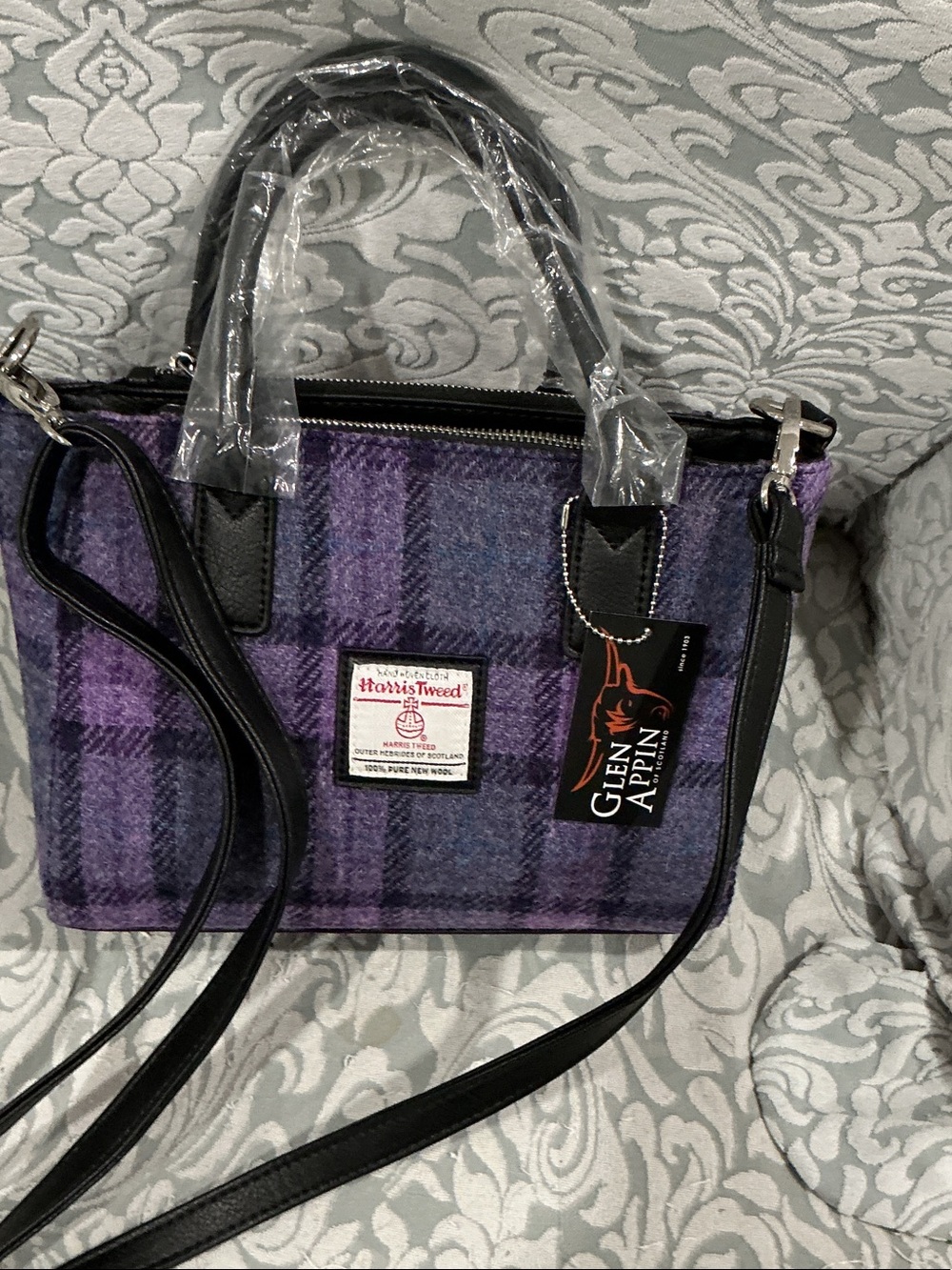Glen Appin Purple Plaid Harris Tweed Satchel with Black Trim